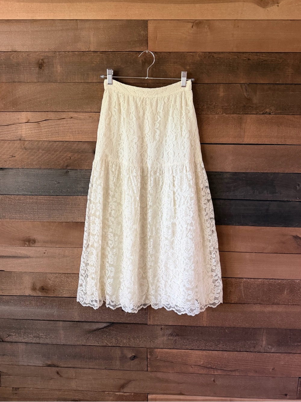Vintage 80s Scott McClintock Ivory Floral Lace Midi Skirt Made USA XS